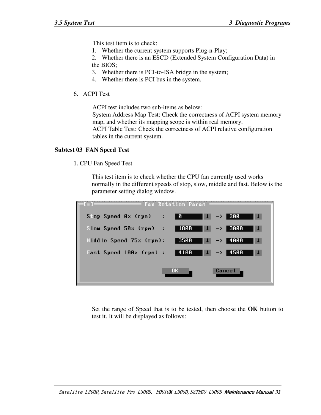 Toshiba EQUIUM L300D, PSLCAX/PSLCBX, SATEGO L300D manual Subtest03FANSpeedTest, CPUFanSpeedTest 