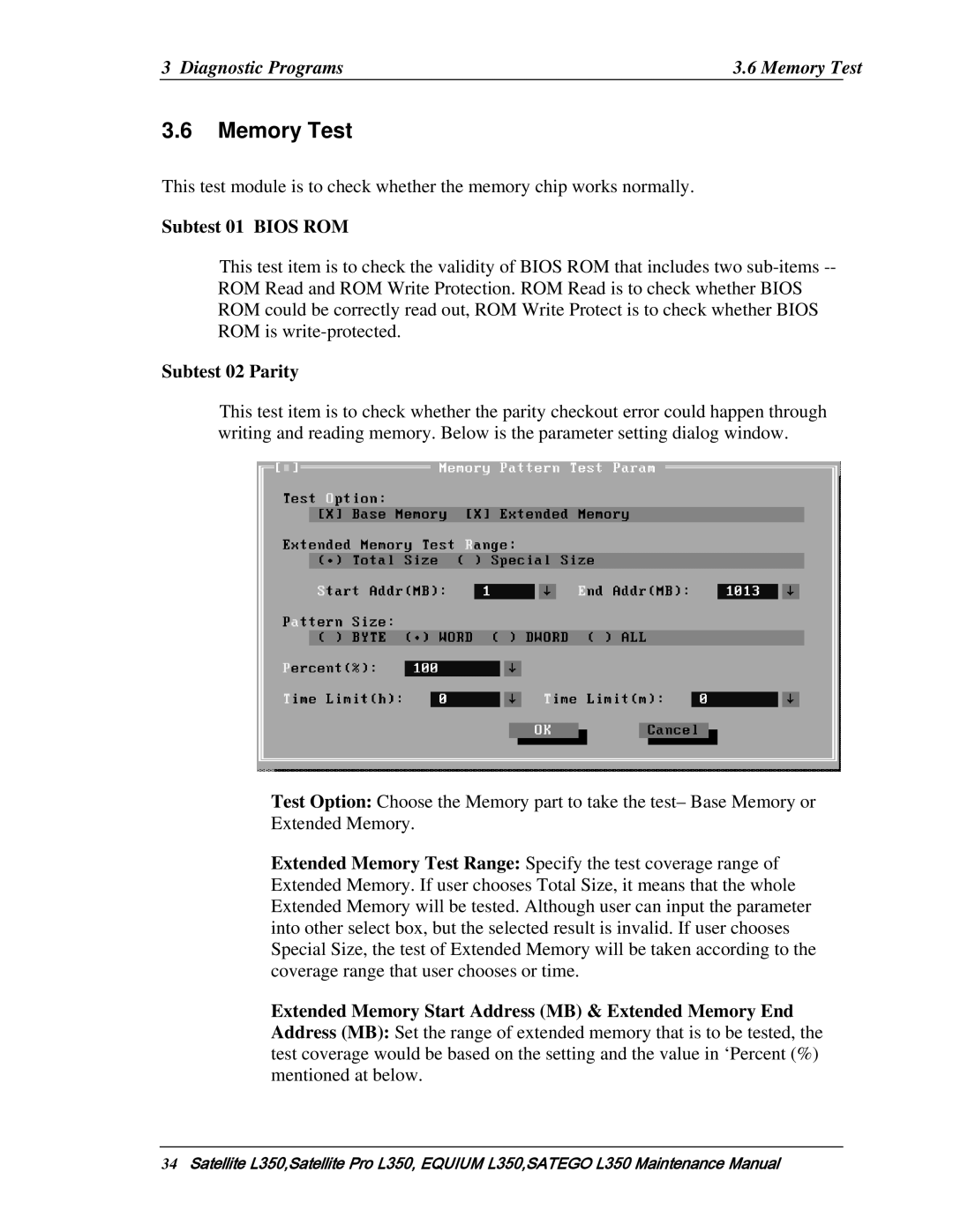 Toshiba PSLD1X, PSLD2X, PSLD3X manual Diagnostic Programs Memory Test, Subtest 01 Bios ROM, Subtest 02 Parity 