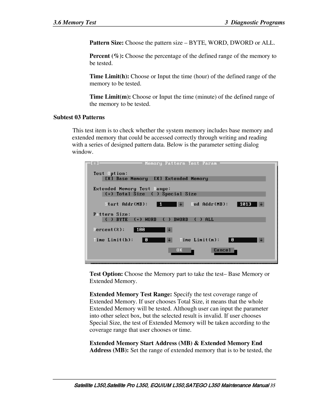 Toshiba PSLD2X, PSLD1X, PSLD3X manual Memory Test Diagnostic Programs, Subtest 03 Patterns 