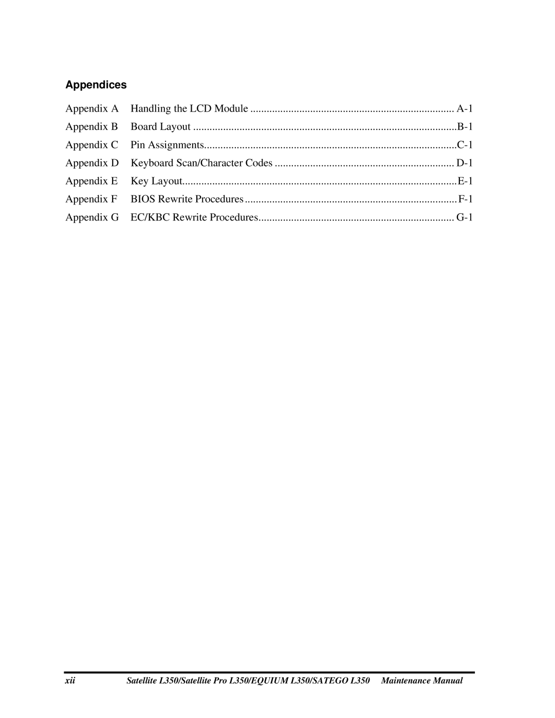 Toshiba PSLD1X, PSLD2X, PSLD3X manual Appendices 