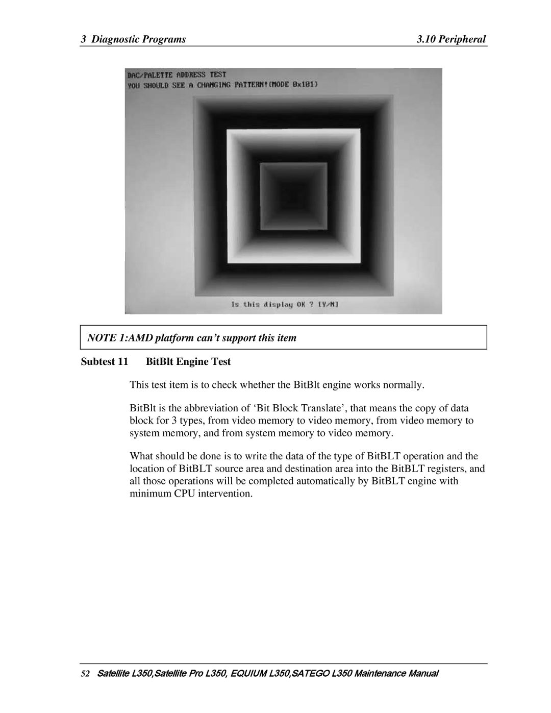 Toshiba PSLD1X, PSLD2X, PSLD3X manual Subtest 11 BitBlt Engine Test 