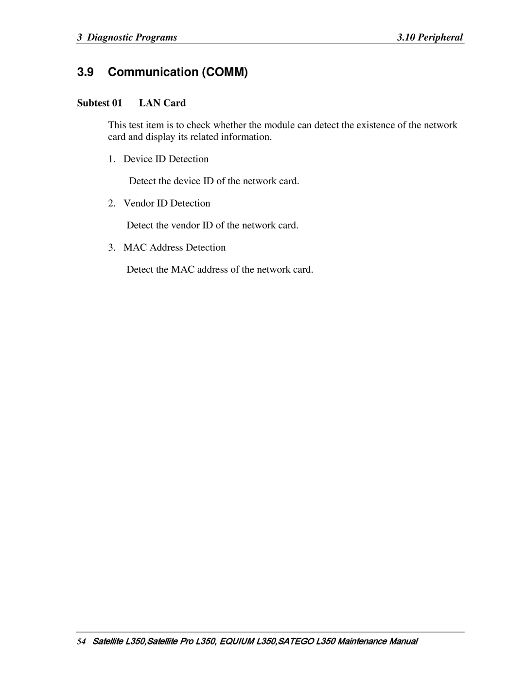 Toshiba PSLD3X, PSLD1X, PSLD2X manual Communication Comm, Subtest 01 LAN Card 