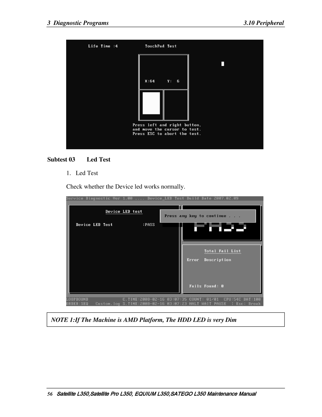 Toshiba PSLD2X, PSLD1X, PSLD3X manual Subtest Led Test 