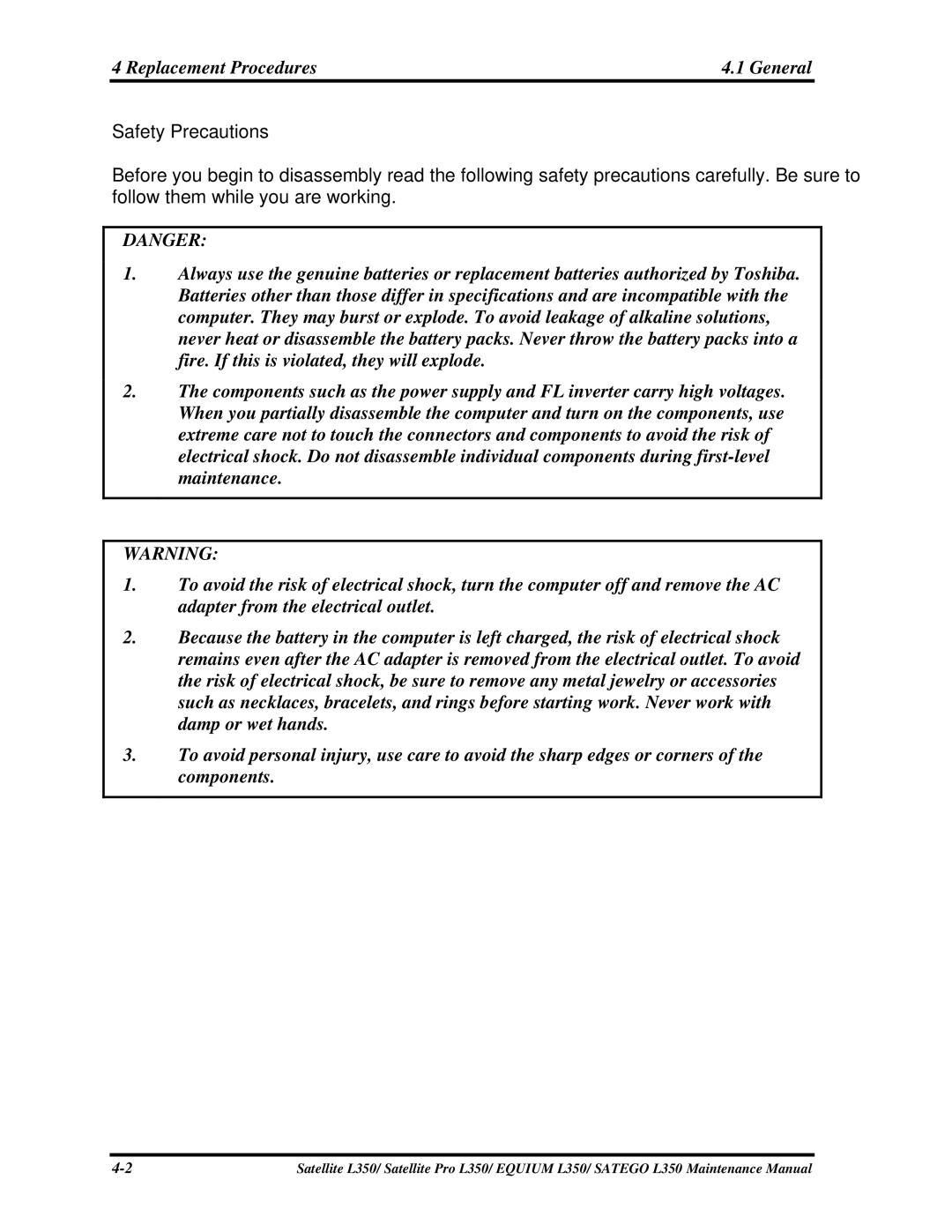 Toshiba PSLD3X, PSLD1X, PSLD2X manual Replacement Procedures General, Safety Precautions 