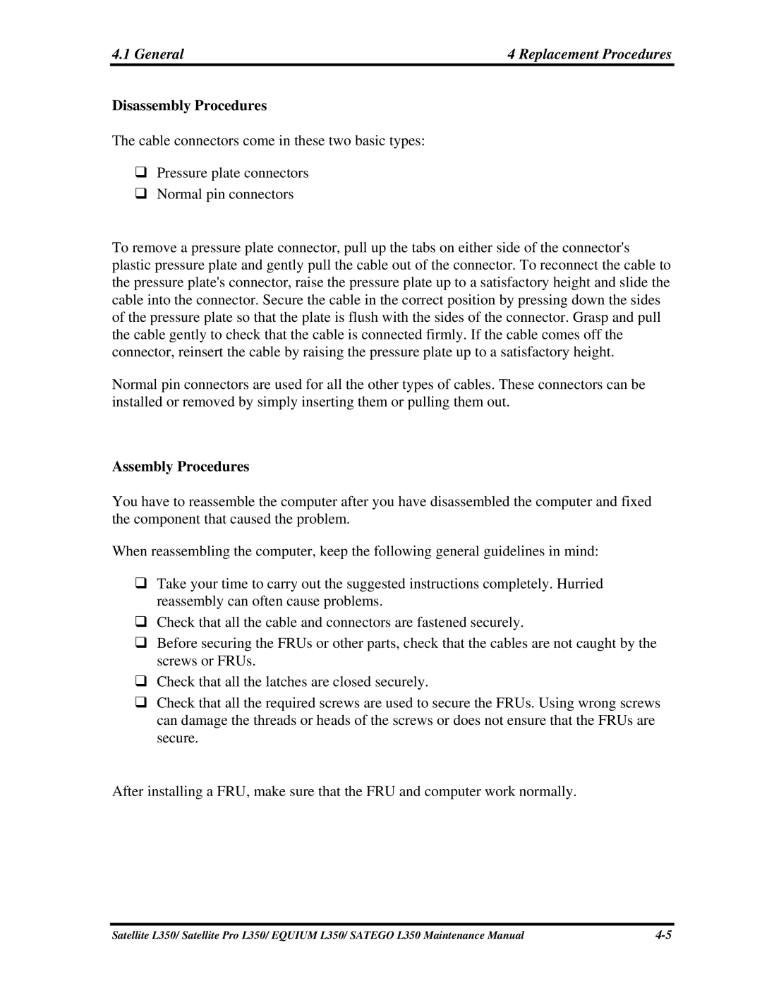 Toshiba PSLD3X, PSLD1X, PSLD2X manual Disassembly Procedures, Assembly Procedures 