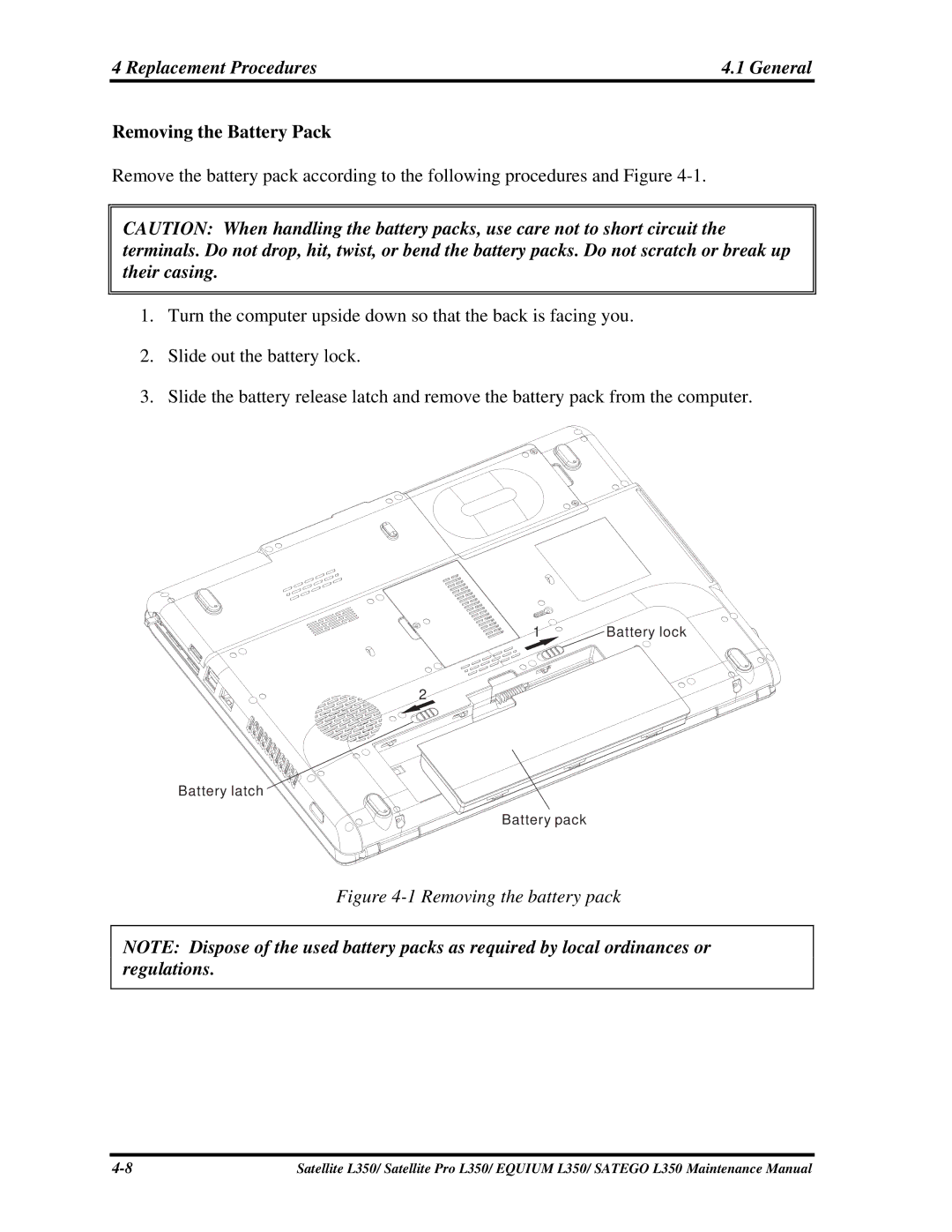 Toshiba PSLD3X, PSLD1X, PSLD2X manual Removing the Battery Pack, Removing the battery pack 