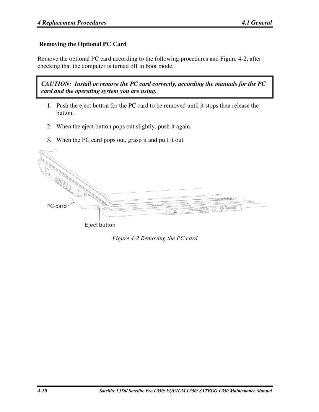 Toshiba PSLD2X, PSLD1X, PSLD3X manual Removing the Optional PC Card, Removing the PC card 