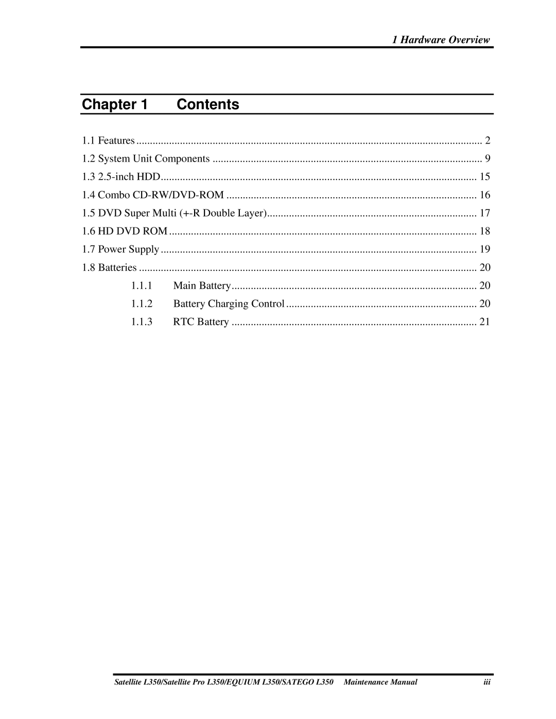 Toshiba PSLD1X, PSLD2X, PSLD3X manual Chapter Contents 