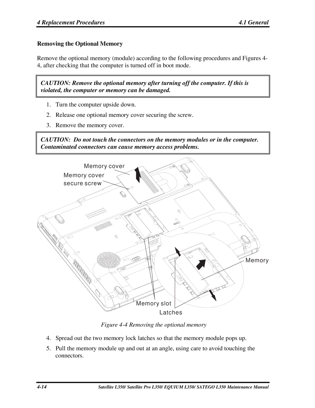 Toshiba PSLD3X, PSLD1X, PSLD2X manual Removing the Optional Memory, Removing the optional memory 