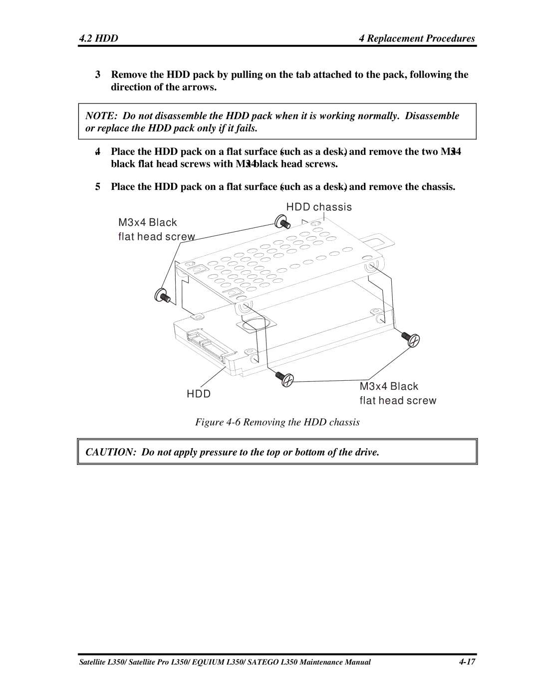 Toshiba PSLD3X, PSLD1X, PSLD2X manual HDD Replacement Procedures, Removing the HDD chassis 