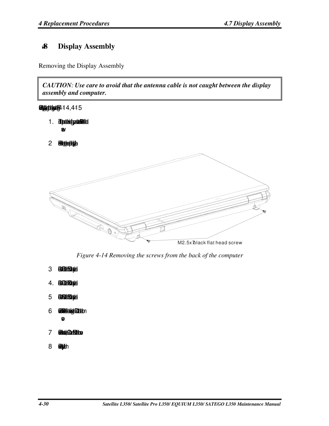 Toshiba PSLD1X, PSLD2X, PSLD3X manual Replacement Procedures Display Assembly, Removing the Display Assembly 