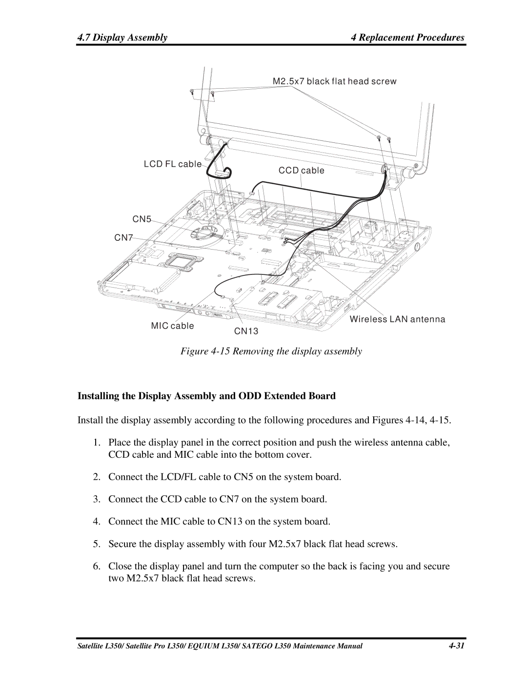 Toshiba PSLD2X, PSLD1X Display Assembly Replacement Procedures, Installing the Display Assembly and ODD Extended Board 