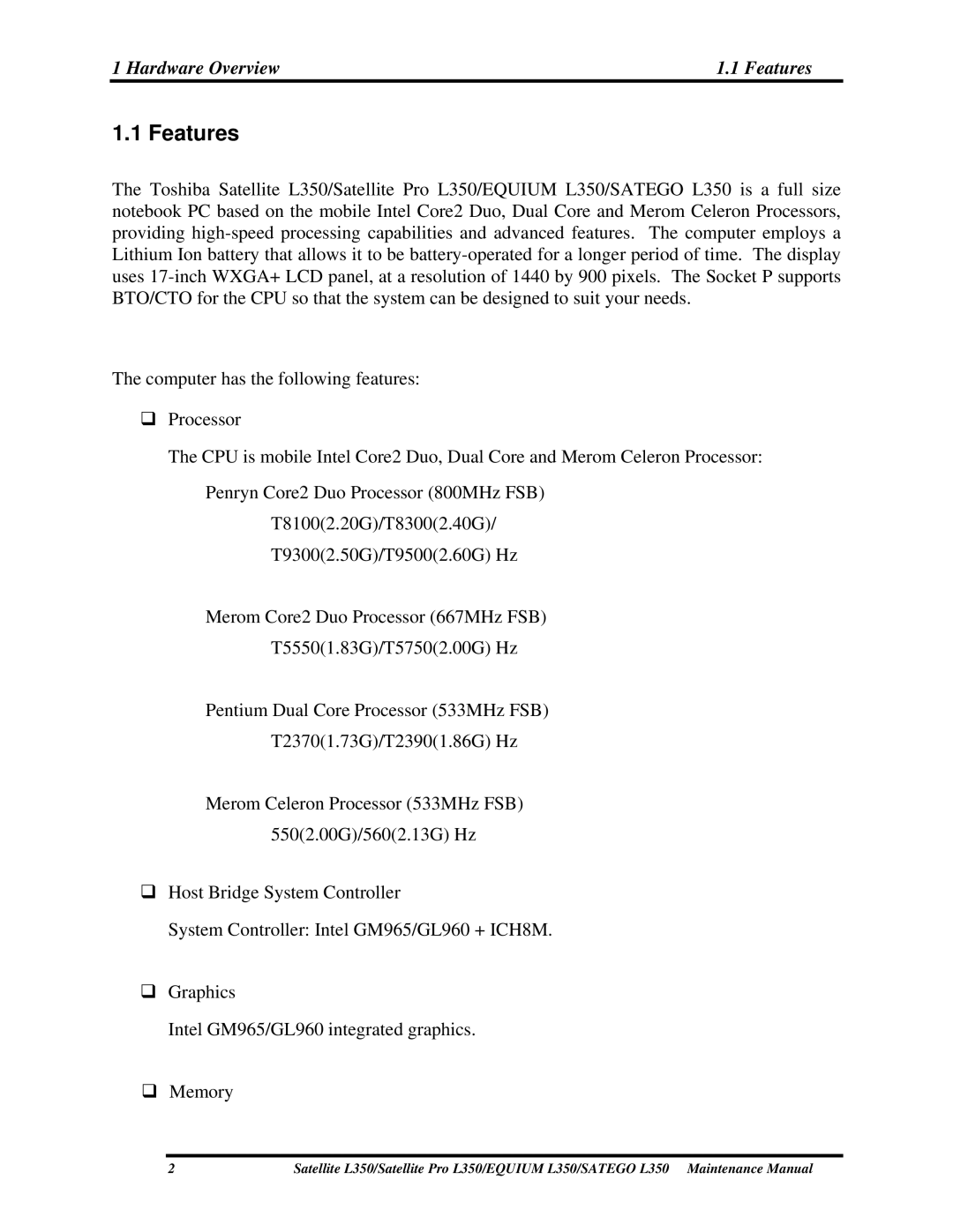 Toshiba PSLD3X, PSLD1X, PSLD2X manual Hardware Overview Features 