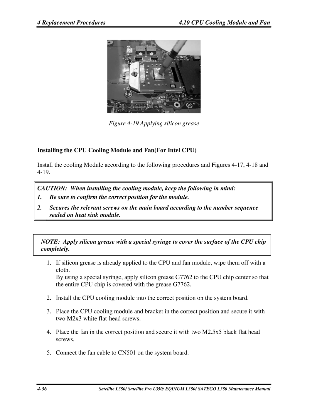 Toshiba PSLD1X, PSLD2X, PSLD3X manual Applying silicon grease, Installing the CPU Cooling Module and FanFor Intel CPU 