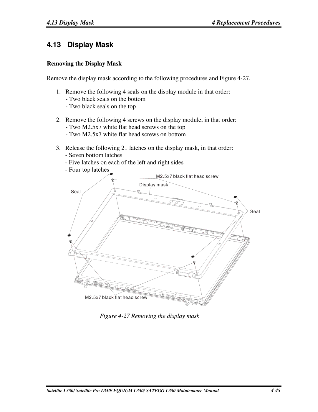 Toshiba PSLD1X, PSLD2X, PSLD3X manual Display Mask Replacement Procedures, Removing the Display Mask 