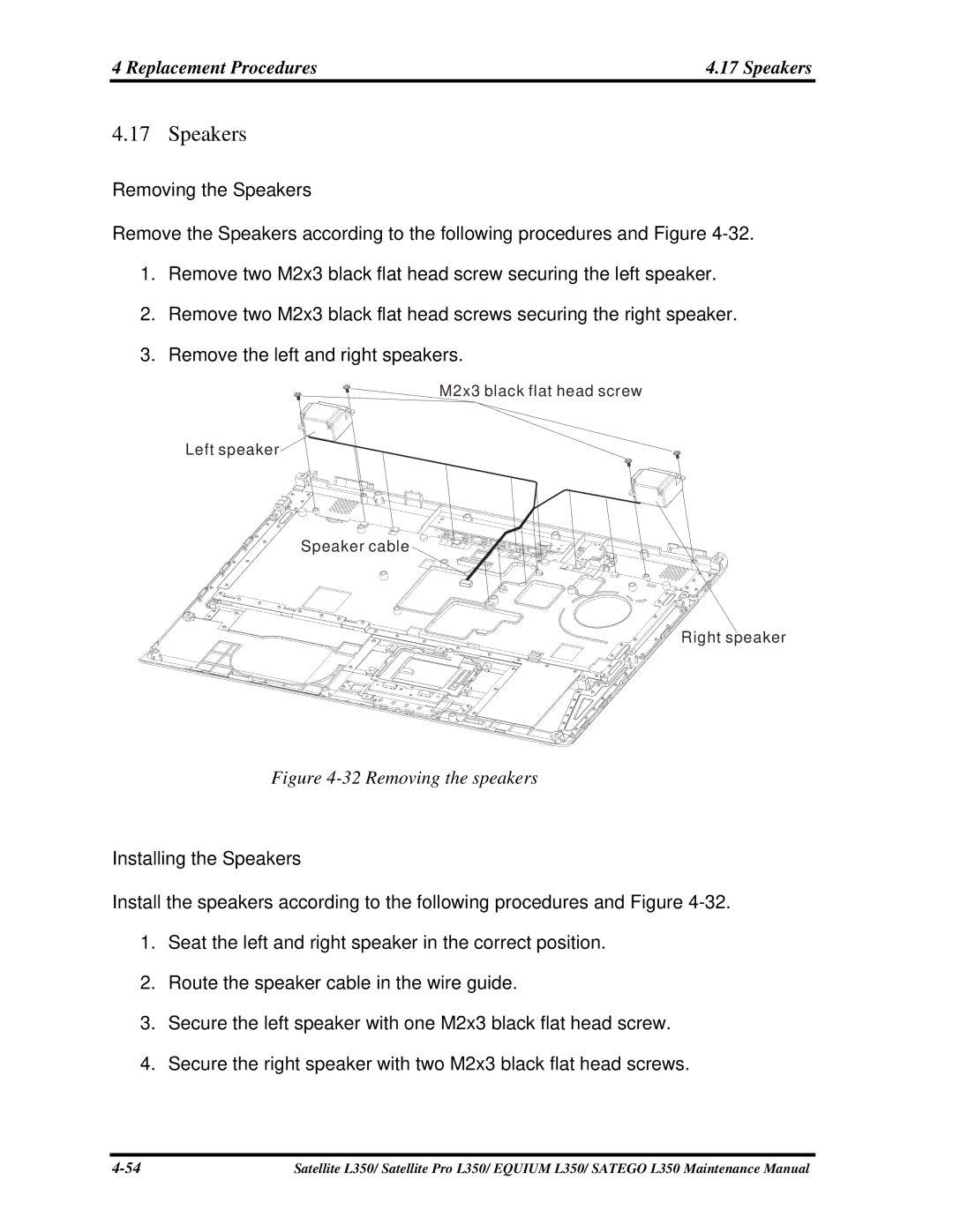 Toshiba PSLD1X, PSLD2X, PSLD3X manual Replacement Procedures Speakers, Removing the Speakers, Installing the Speakers 