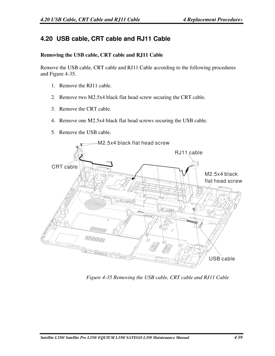 Toshiba PSLD3X, PSLD1X USB cable, CRT cable and RJ11 Cable, USB Cable, CRT Cable and RJ11 Cable Replacement Procedures 