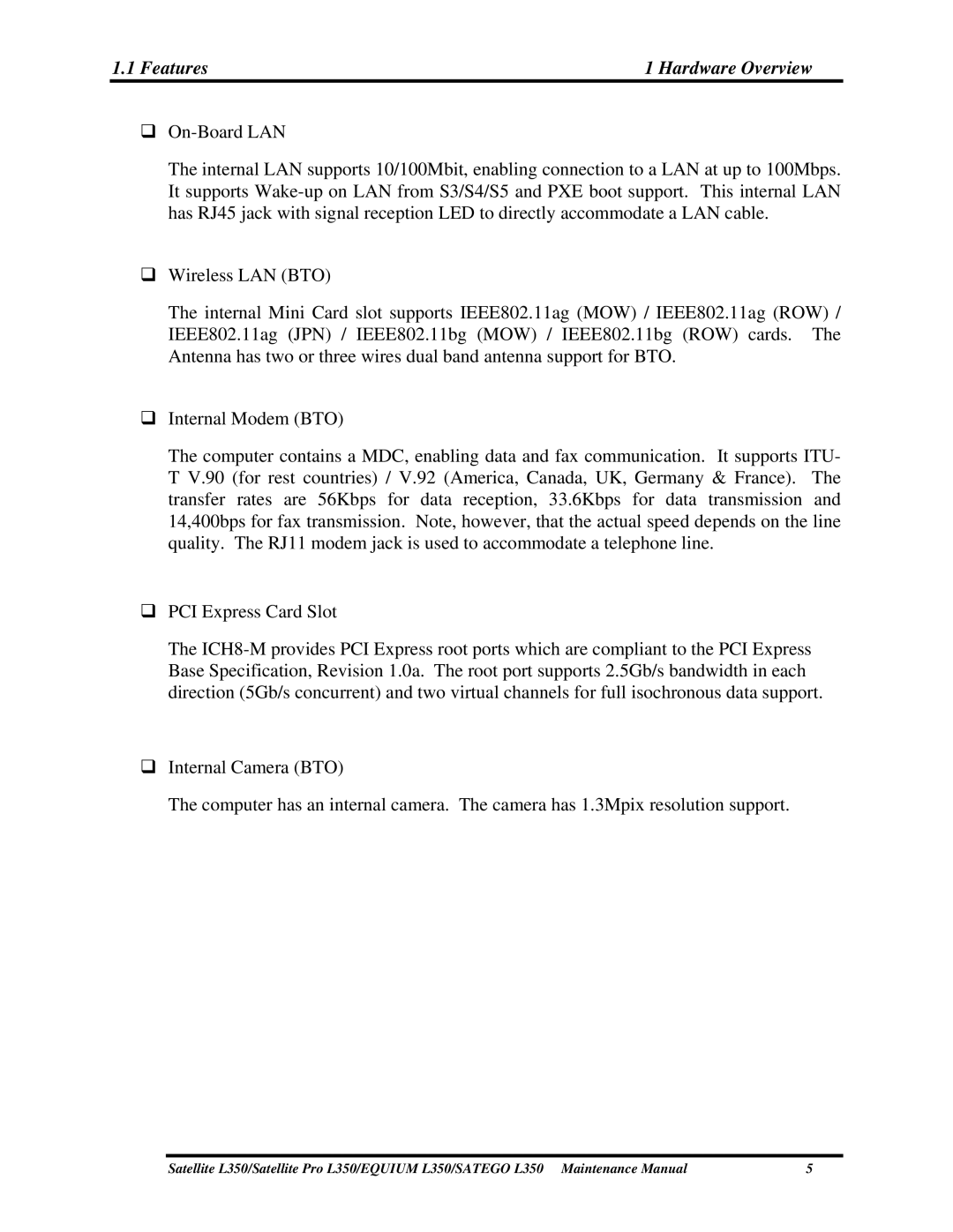 Toshiba PSLD3X, PSLD1X, PSLD2X manual Features Hardware Overview 