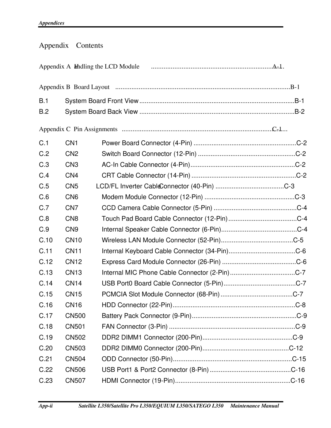 Toshiba PSLD3X, PSLD1X, PSLD2X manual Appendix Contents 