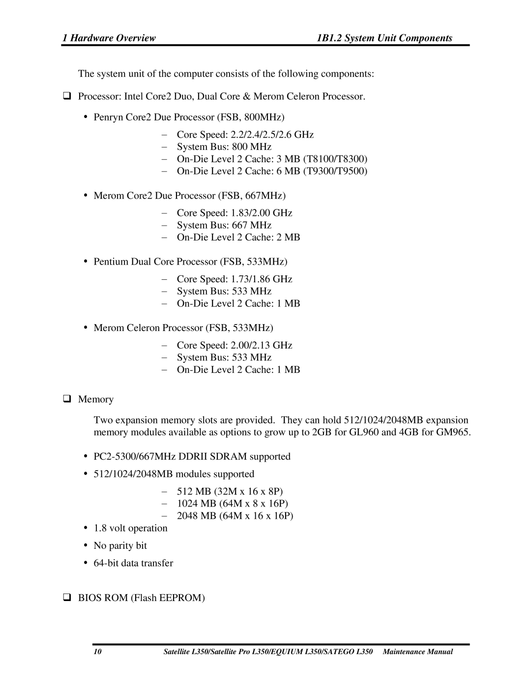 Toshiba PSLD3X, PSLD1X, PSLD2X manual Hardware Overview 1B1.2 System Unit Components 