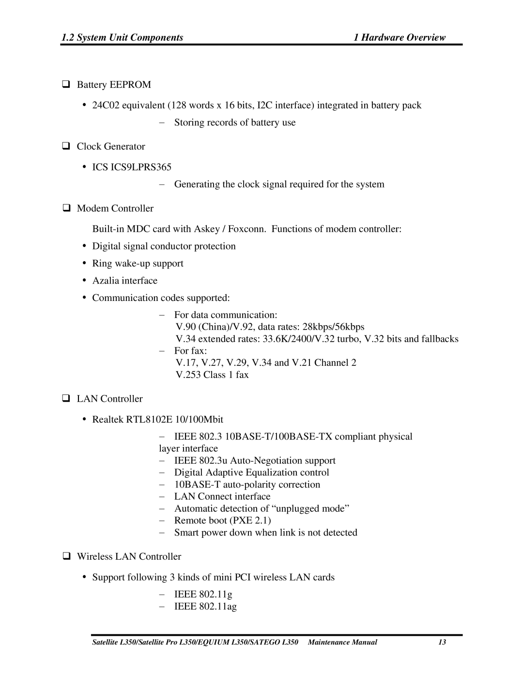 Toshiba PSLD3X, PSLD1X, PSLD2X manual System Unit Components Hardware Overview 