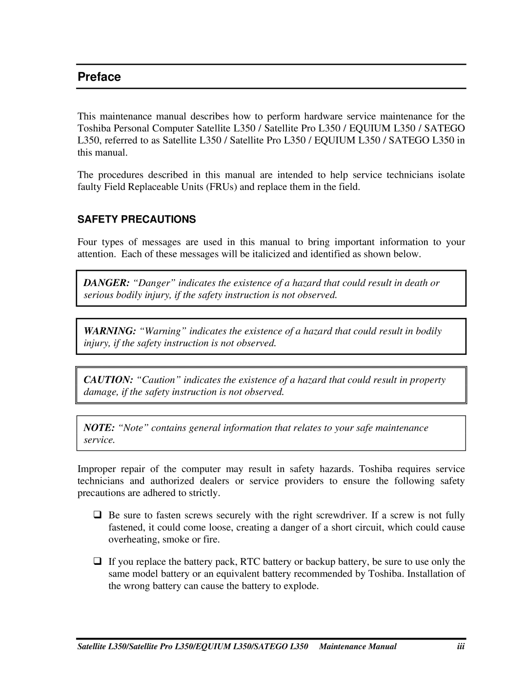 Toshiba PSLD1X, PSLD2X, PSLD3X manual Preface, Safety Precautions 