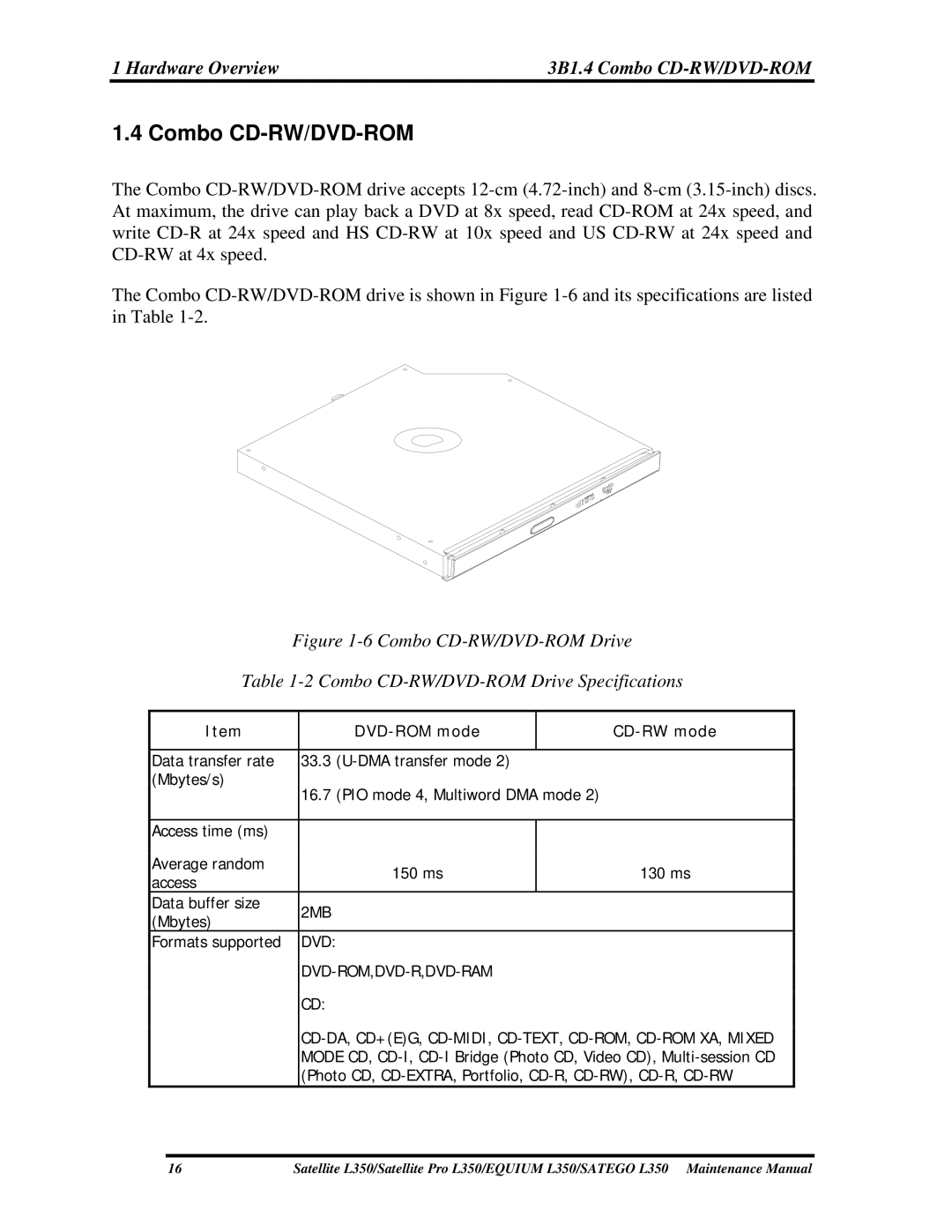 Toshiba PSLD3X, PSLD1X, PSLD2X manual Hardware Overview 3B1.4 Combo CD-RW/DVD-ROM 