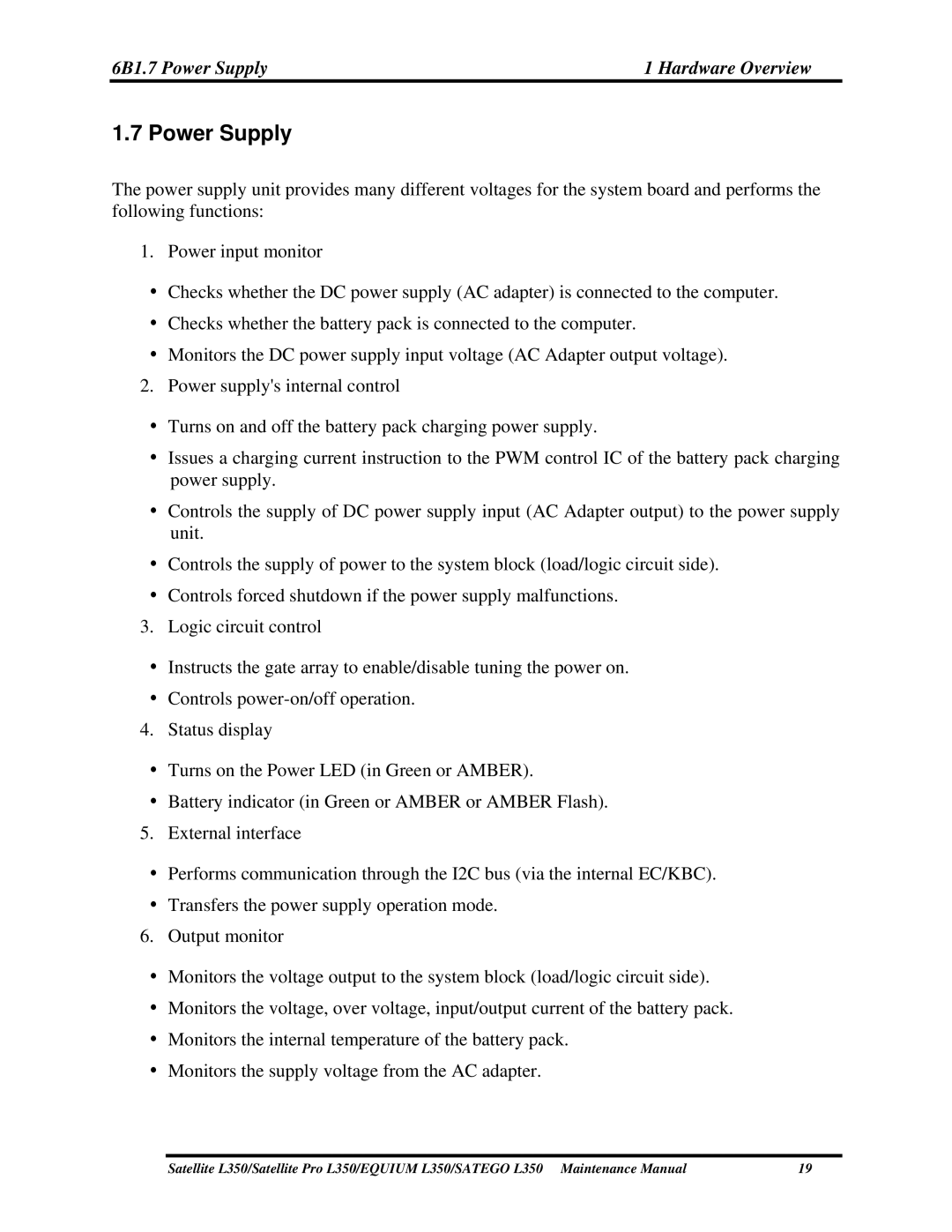 Toshiba PSLD3X, PSLD1X, PSLD2X manual 6B1.7 Power Supply Hardware Overview 