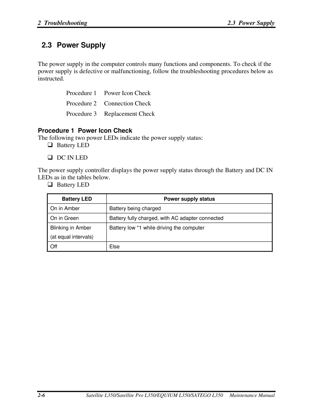 Toshiba PSLD3X, PSLD1X, PSLD2X manual Troubleshooting Power Supply, Procedure 1 Power Icon Check 