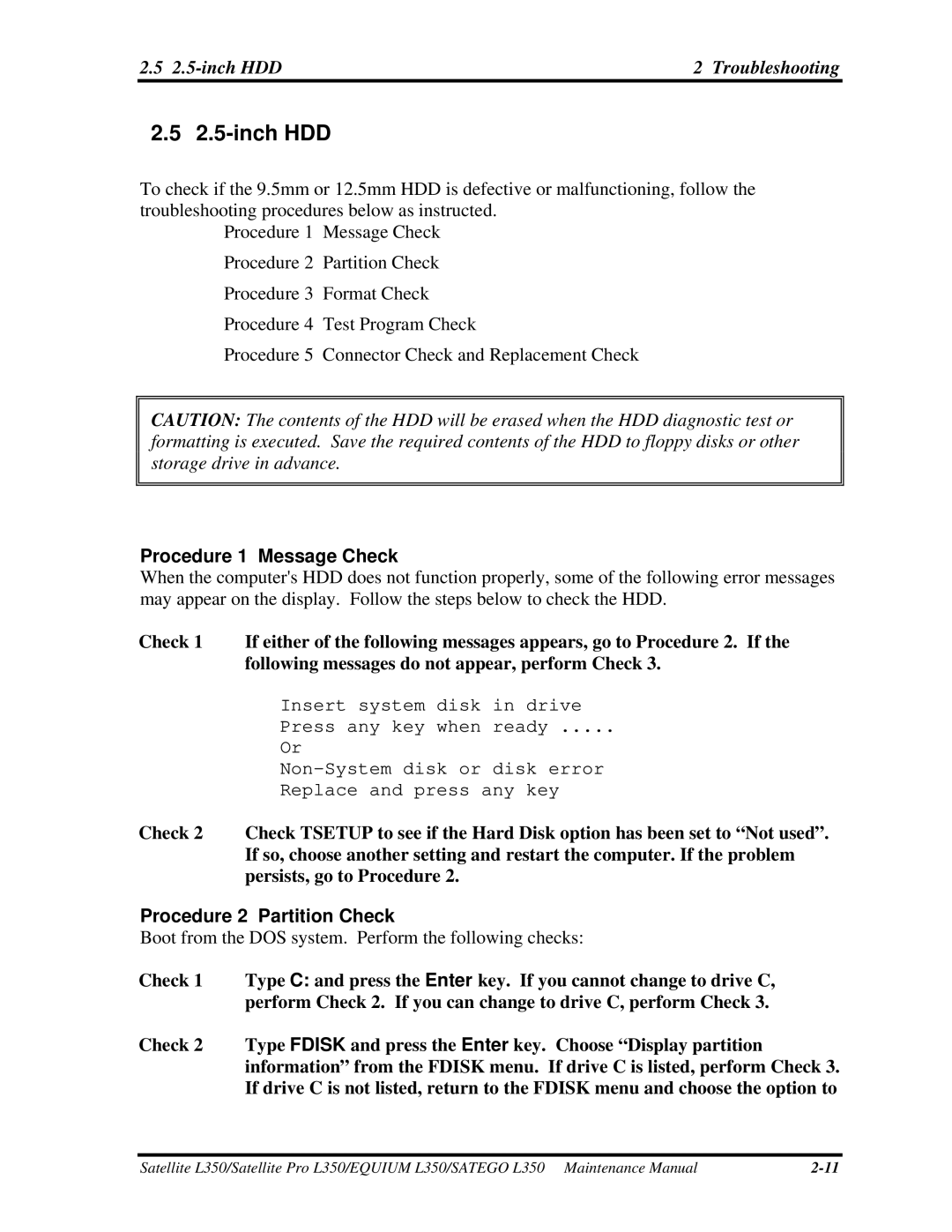 Toshiba PSLD2X, PSLD1X, PSLD3X manual inch HDD Troubleshooting, Procedure 2 Partition Check 