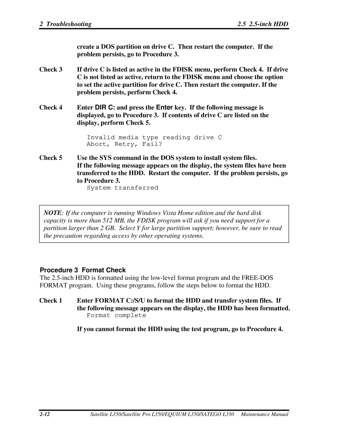 Toshiba PSLD3X, PSLD1X, PSLD2X manual Troubleshooting 2.5-inch HDD, Procedure 3 Format Check 