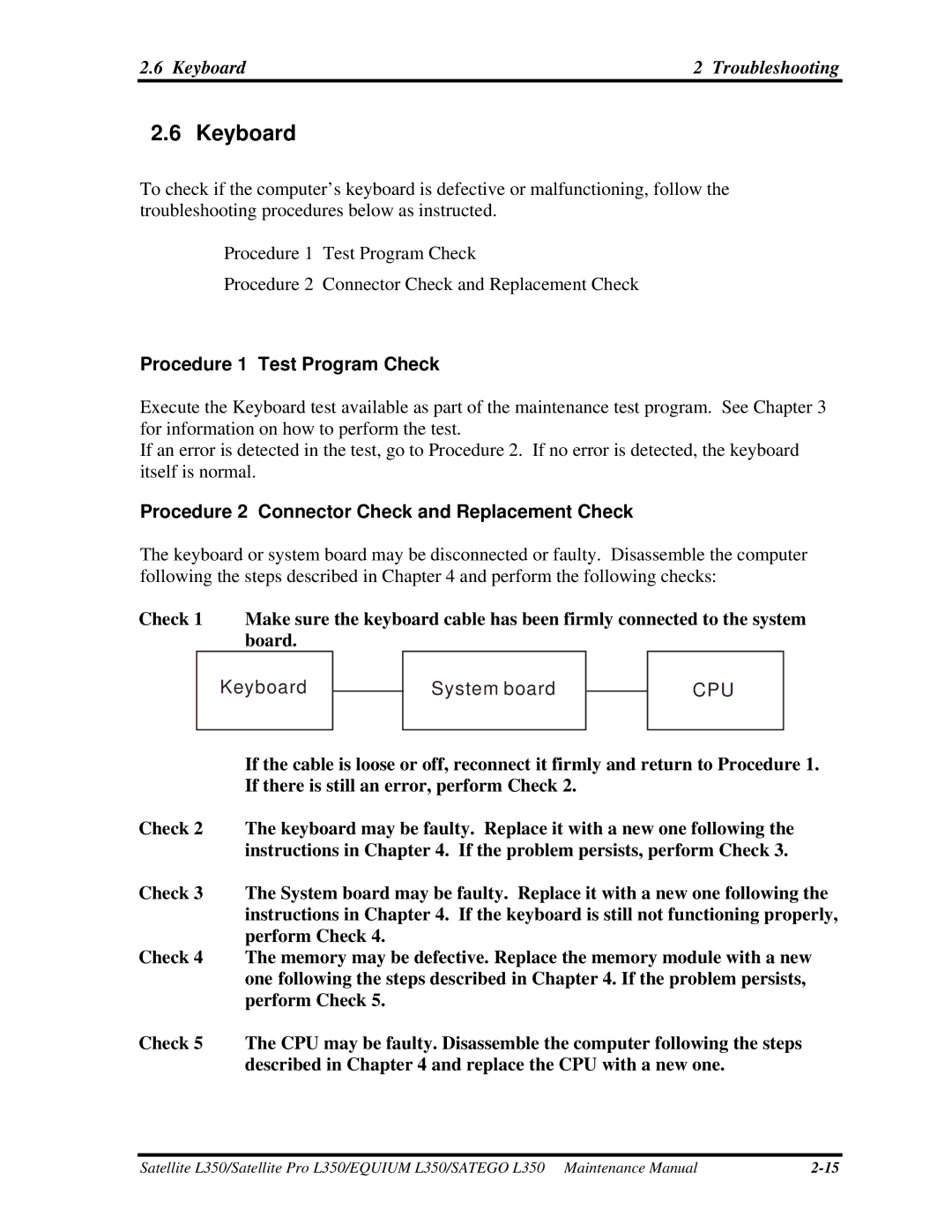 Toshiba PSLD3X, PSLD1X, PSLD2X manual Keyboard Troubleshooting, Procedure 1 Test Program Check 