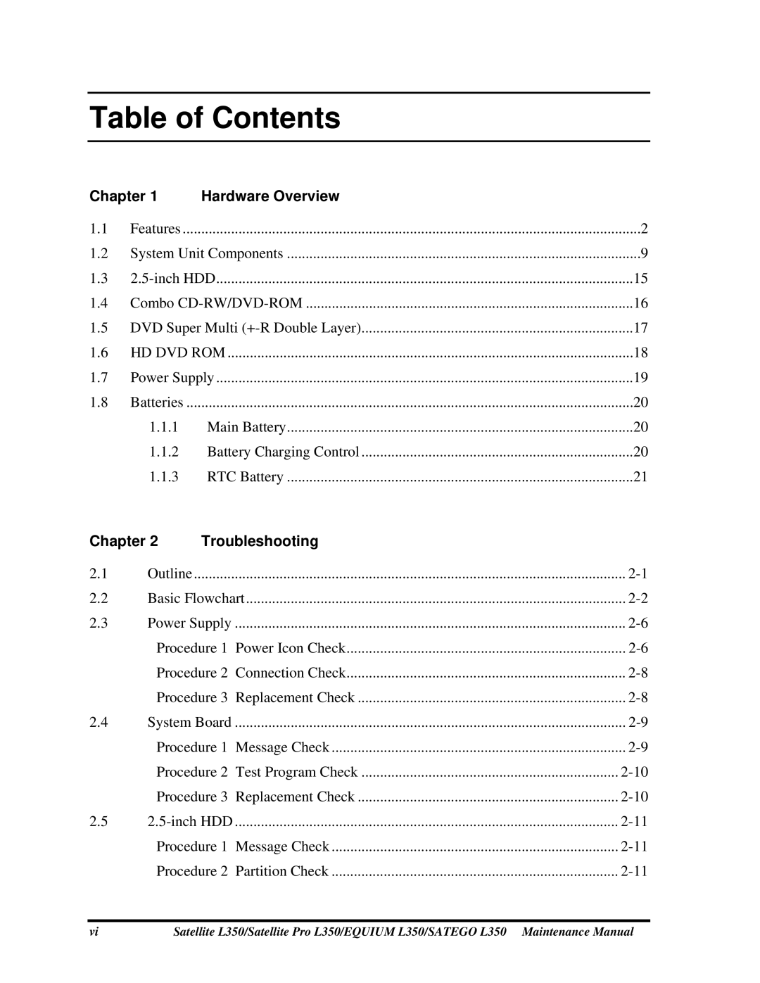 Toshiba PSLD1X, PSLD2X, PSLD3X manual Table of Contents 