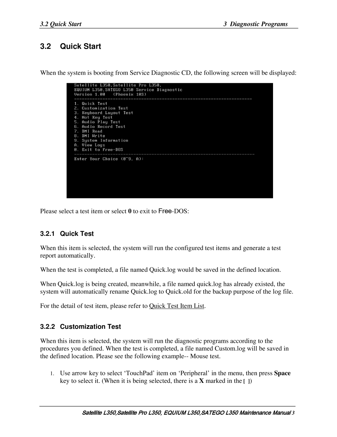 Toshiba PSLD3X, PSLD1X, PSLD2X manual Quick Start Diagnostic Programs, Quick Test, Customization Test 