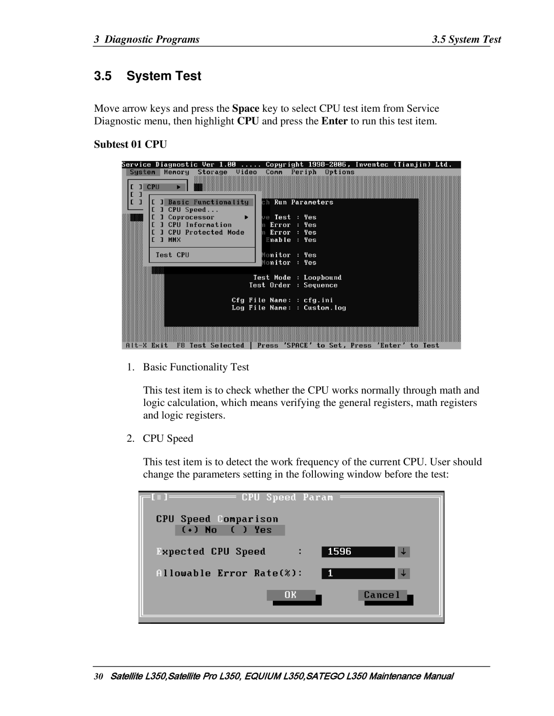 Toshiba PSLD3X, PSLD1X, PSLD2X manual Diagnostic Programs System Test, Subtest 01 CPU 