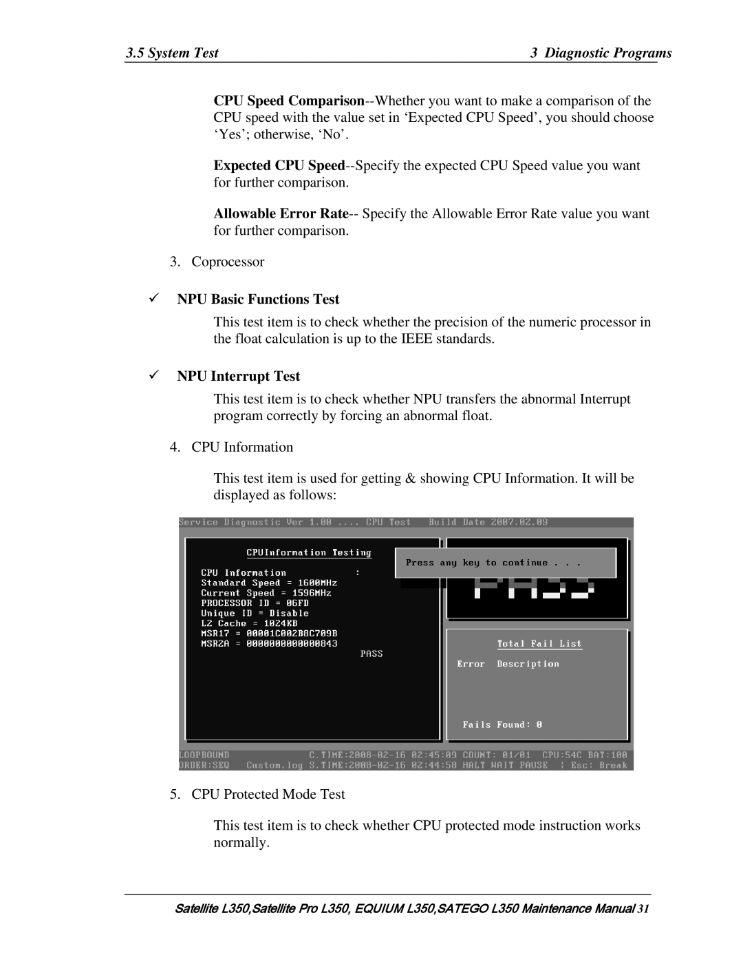 Toshiba PSLD1X, PSLD2X, PSLD3X manual System Test Diagnostic Programs, NPU Basic Functions Test, NPU Interrupt Test 