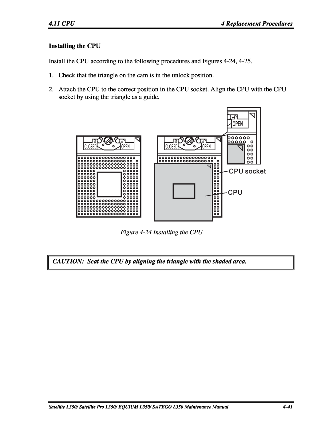 Toshiba PSLD3X, PSLD1X, PSLD2X manual 24 Installing the CPU 