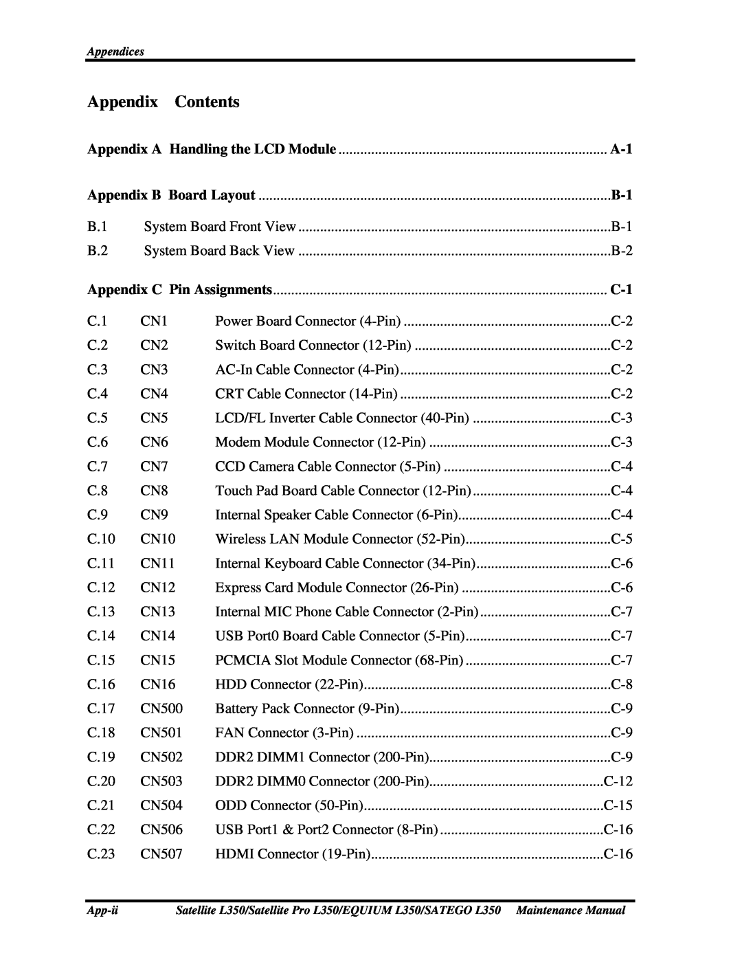 Toshiba PSLD3X, PSLD1X, PSLD2X manual Appendix Contents 