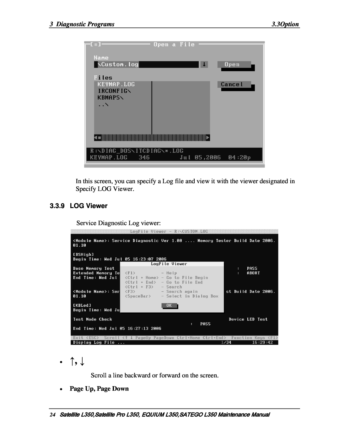 Toshiba PSLD3X, PSLD1X, PSLD2X manual ↑, ↓, LOG Viewer, Page Up, Page Down 