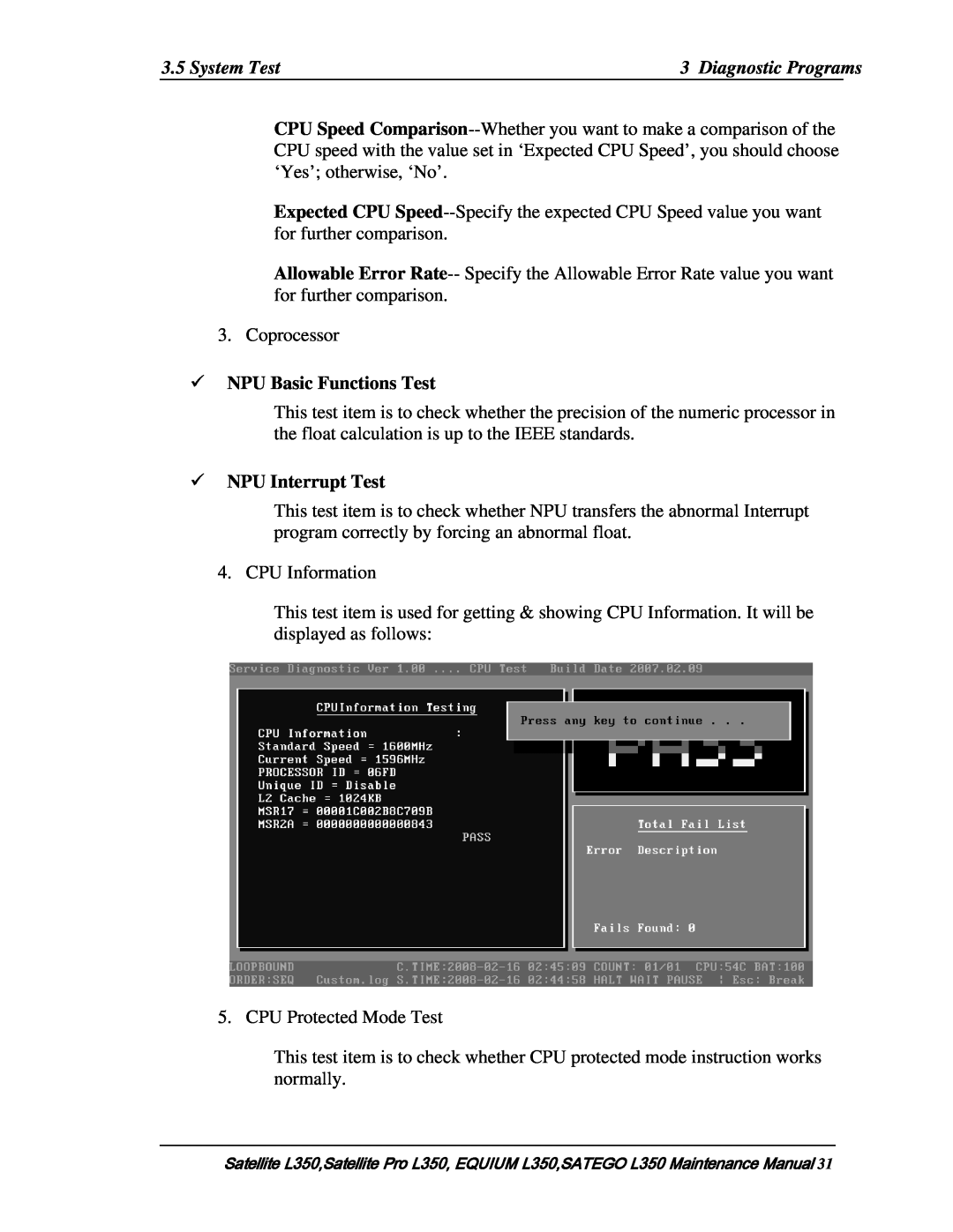 Toshiba PSLD1X, PSLD2X, PSLD3X manual NPU Basic Functions Test, NPU Interrupt Test 
