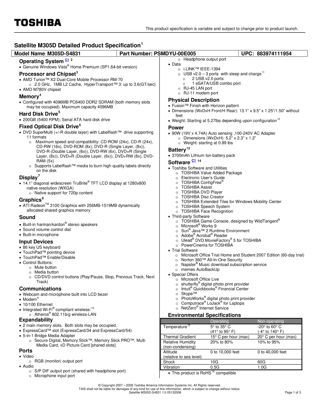 Toshiba PSMDYU-00D006 specifications Processor and Chipset3, Memory4, Physical Description, Hard Disk Drive5, Battery13 