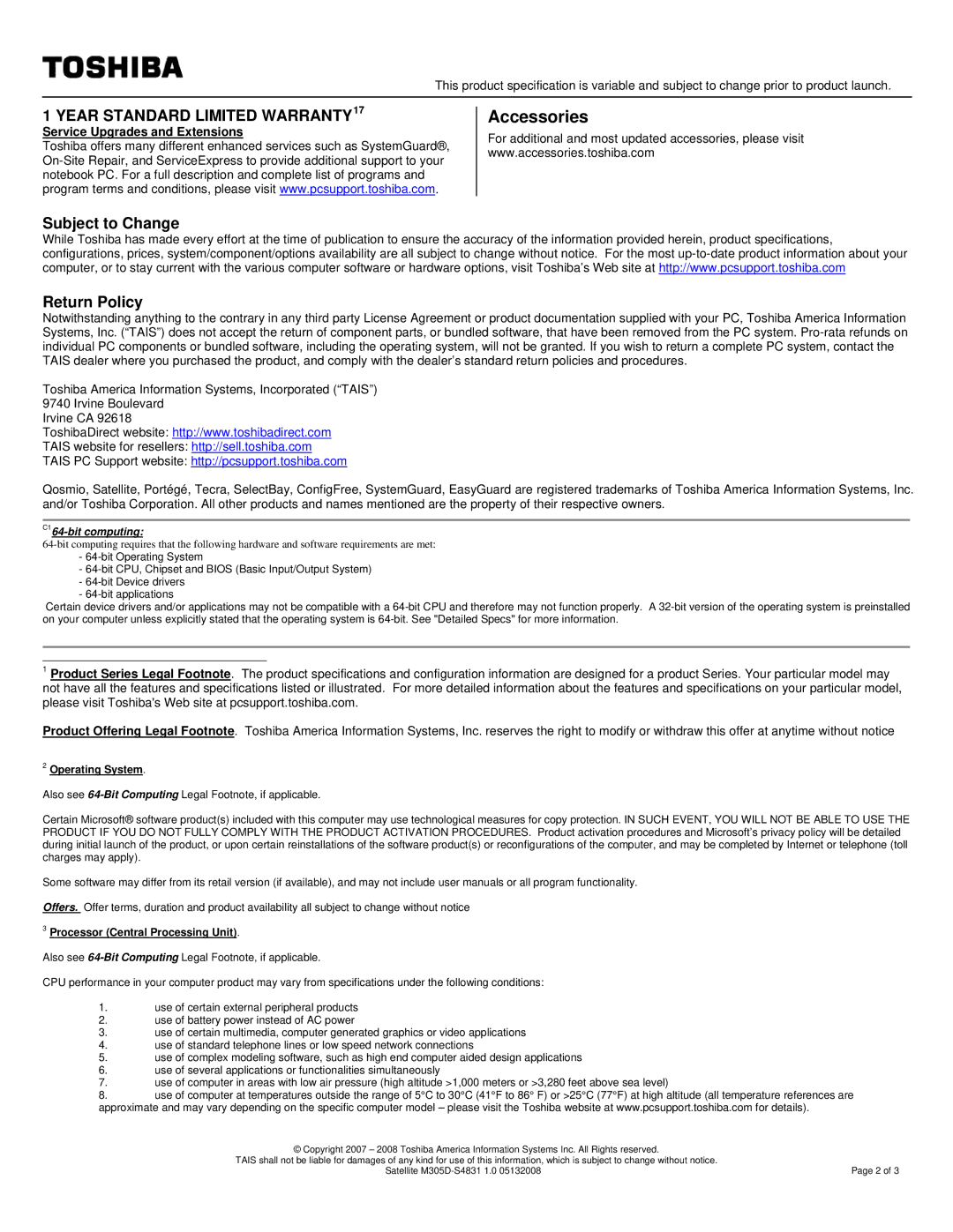 Toshiba PSMDYU-00D006 specifications Subject to Change Return Policy, Operating System, Processor Central Processing Unit 