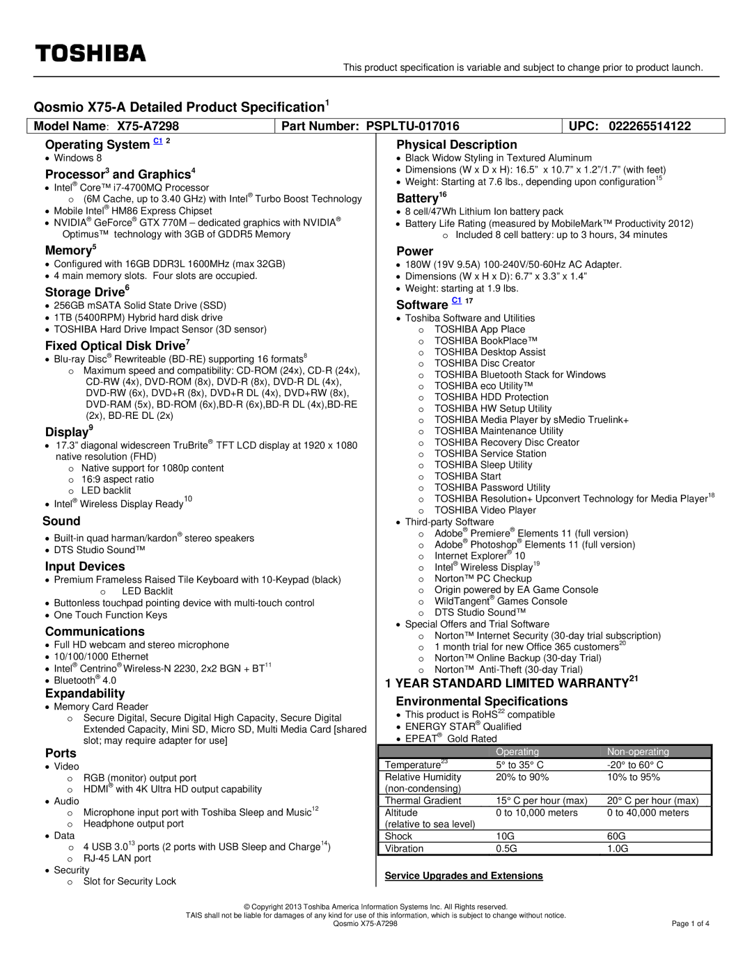 Toshiba PSPLTU017016 warranty Model Name X75-A7298 Part Number PSPLTU-017016, Operating System C1 Physical Description 