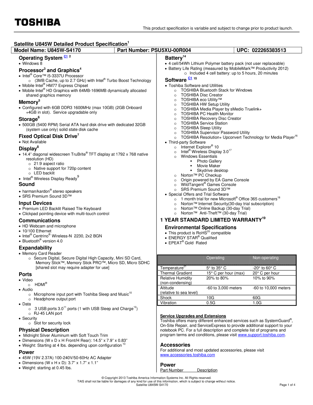 Toshiba PSU5XU-00R004 warranty Processor3 and Graphics4, Memory5, Storage6, Fixed Optical Disk Drive7, Display8, Sound 