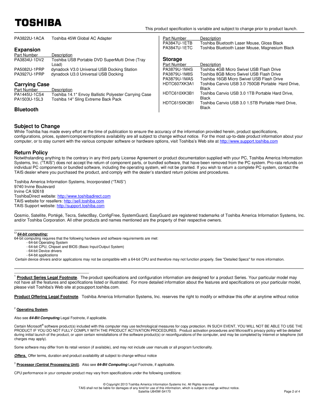 Toshiba PSU5XU-00R004 warranty Expansion, Carrying Case, Bluetooth Subject to Change, Storage, Return Policy 