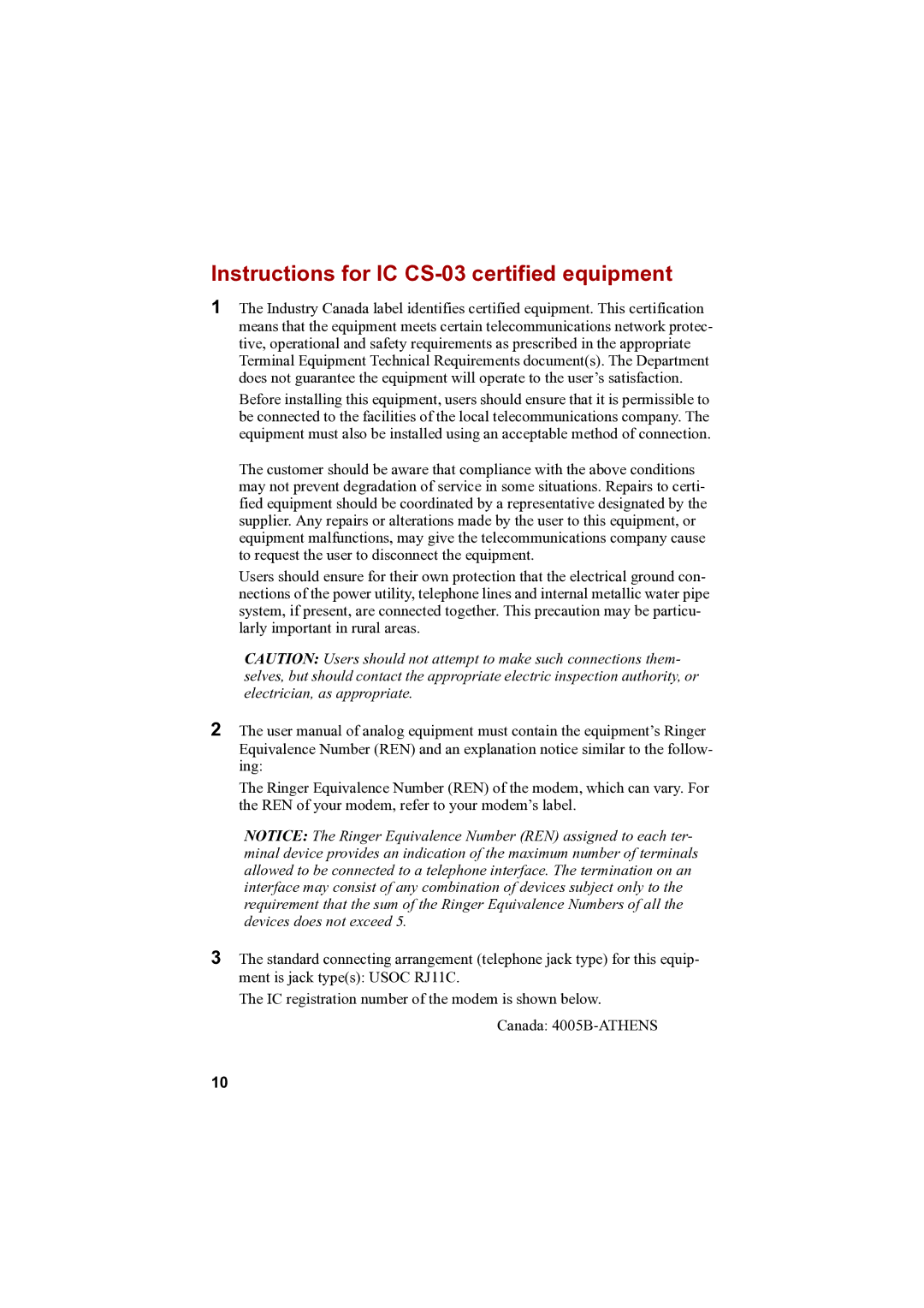 Toshiba PTA42 user manual Instructions for IC CS-03 certified equipment 