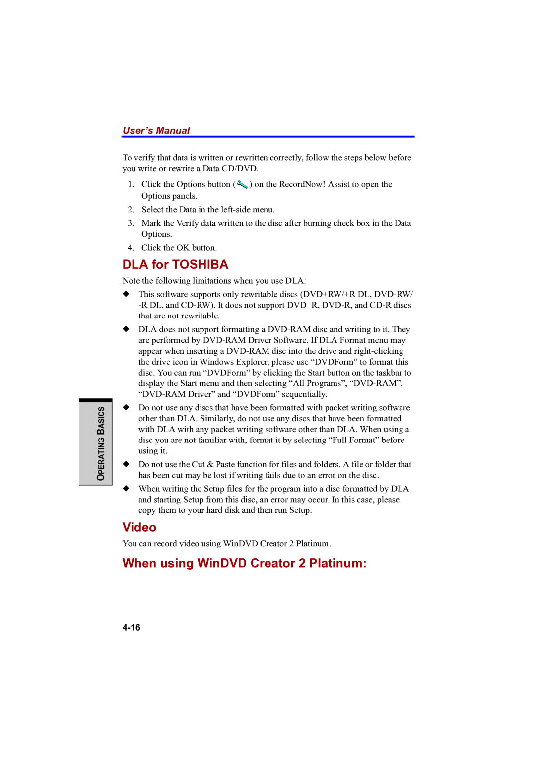 Toshiba PTA42 user manual DLA for Toshiba, Video, When using WinDVD Creator 2 Platinum 