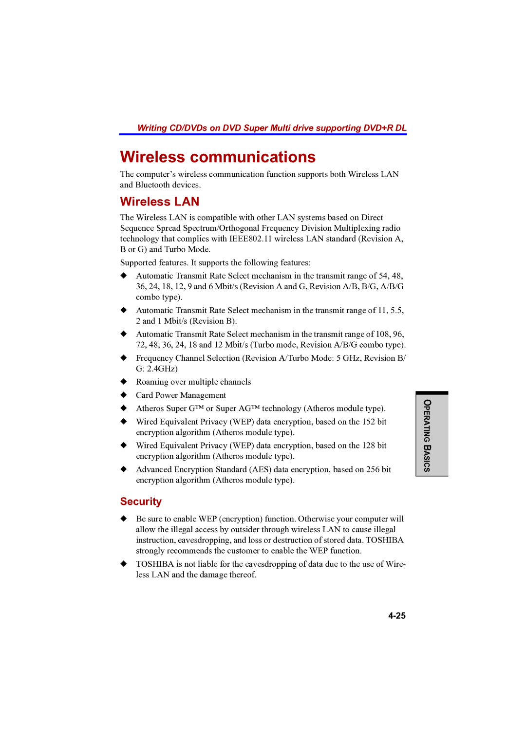 Toshiba PTA42 user manual Wireless communications, Wireless LAN, Security 