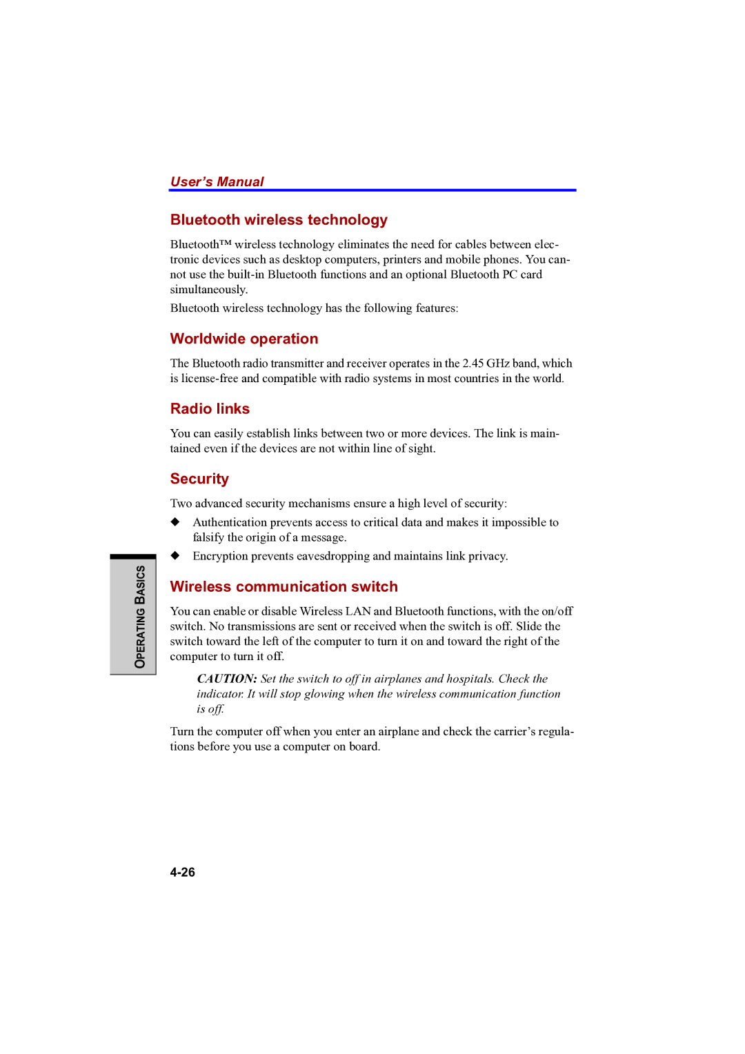 Toshiba PTA42 user manual Bluetooth wireless technology, Worldwide operation, Radio links, Wireless communication switch 