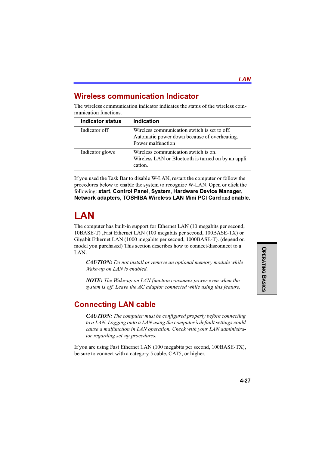 Toshiba PTA42 user manual Wireless communication Indicator, Connecting LAN cable, Indicator status Indication 